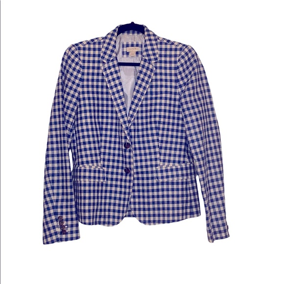 J. Crew Blue and white gingham check linen / cotton blend blazer jacket